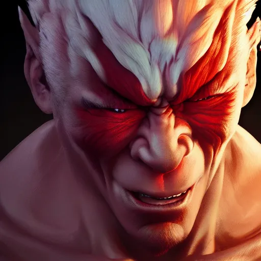Image similar to portrait of akuma from street fighter, au naturel, hyper detailed, digital art, trending in artstation, cinematic lighting, studio quality, smooth render, unreal engine 5 rendered, octane rendered, art style by klimt and nixeu and ian sprigger and wlop and krenz cushart.