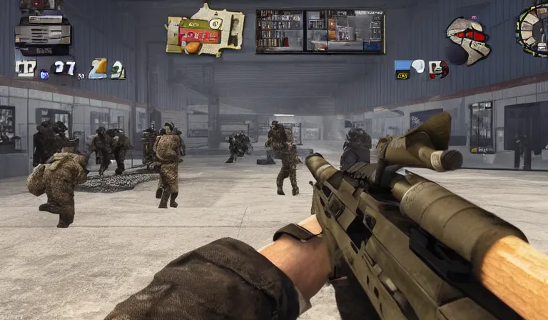 Prompt: screen shot of COD, in the high school, Gun at bottom of screen