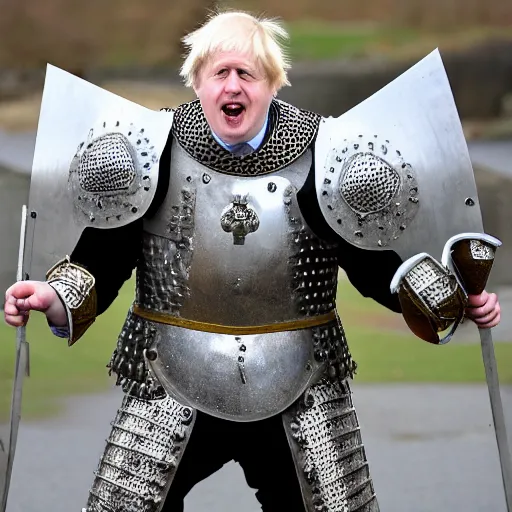 Image similar to Boris Johnson with armour like a medieval knight, photo