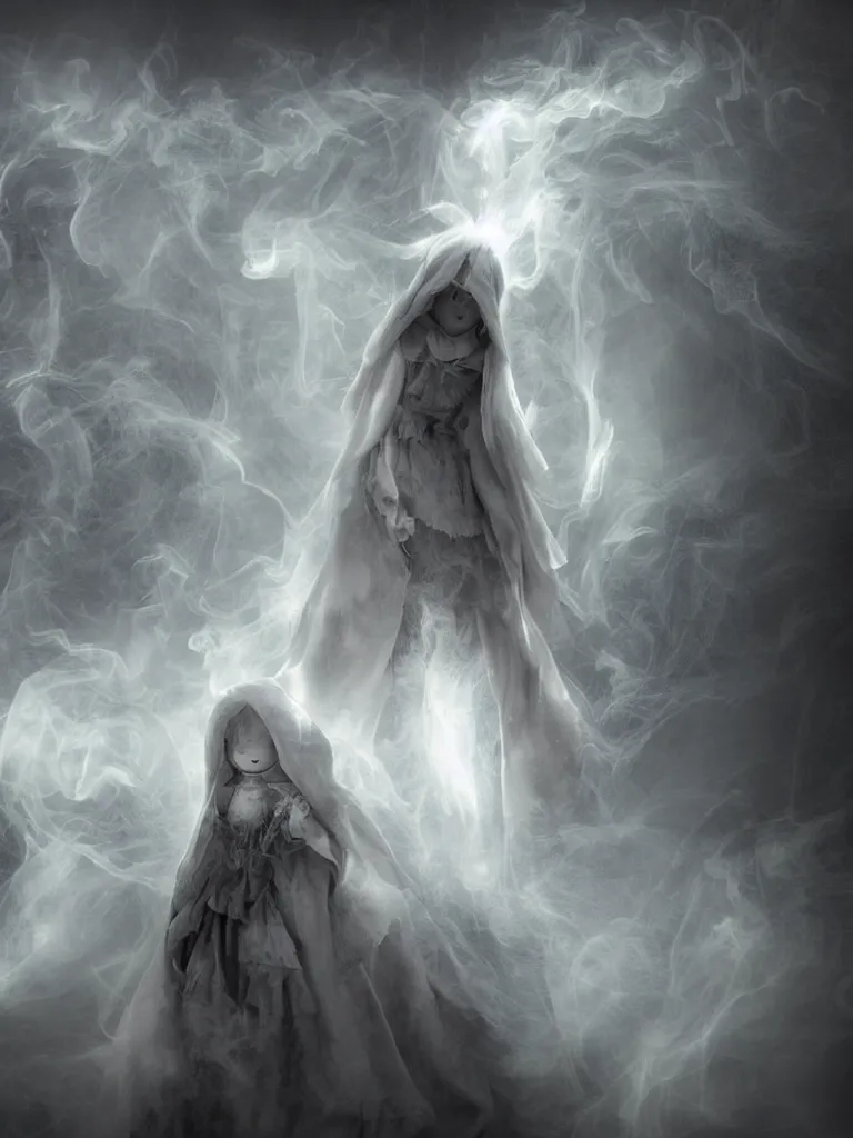 Image similar to cute fumo plush gothic angel maiden girl in hood ghost wraith making an apparition in an abandoned church, fallen angel, wisps of smoke and glowing volumetric fog, vignette, orthographic, vray