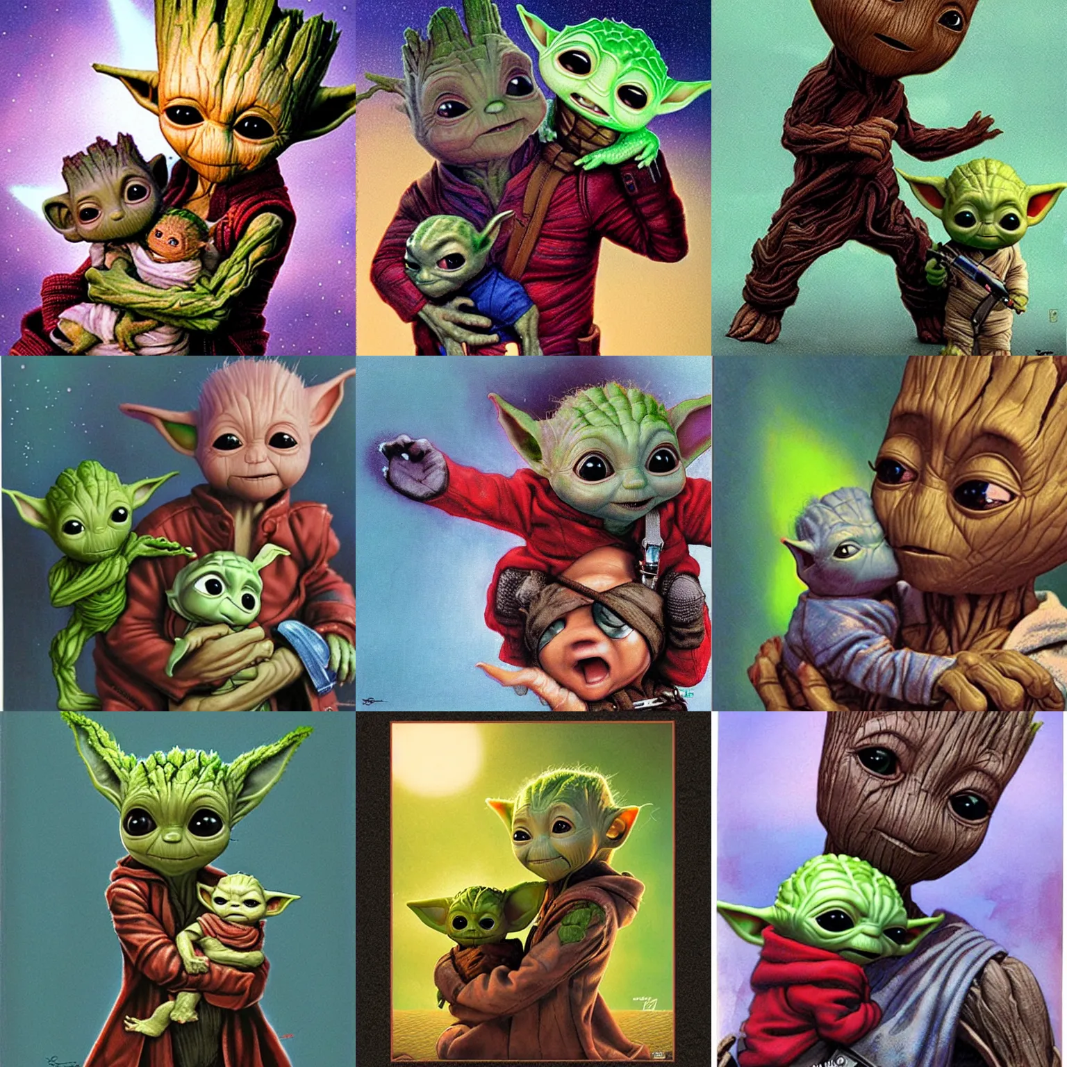 Prompt: baby groot holding baby yoda in his arms by drew struzan