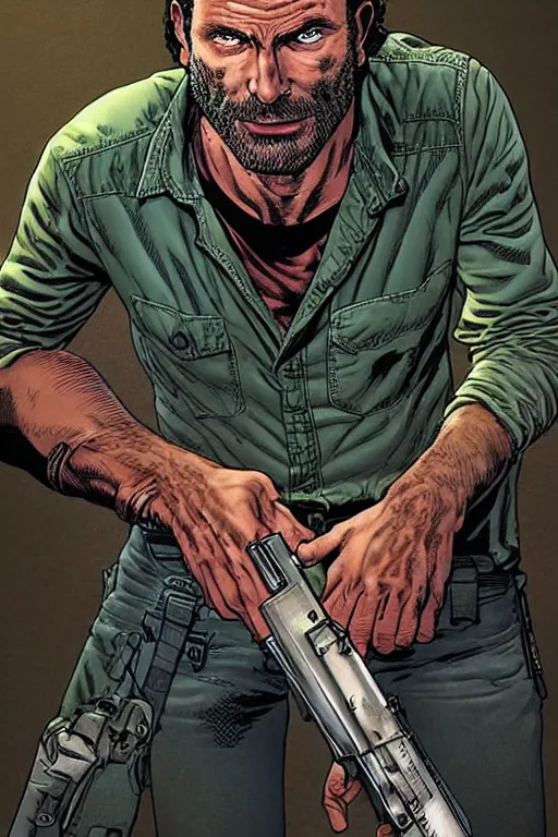 Image similar to portrait of rick grimes missing his right hand. comic accurate. art by glenn fabry.