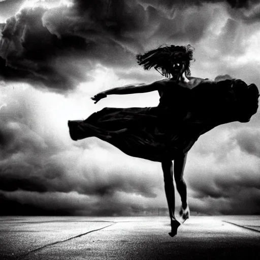 Prompt: wild woman dancing in an epic storm with lightning, fire, creepy shadows, Tim Burton, black and white photograph, 40mm, hyper detailed, 8k, clear
