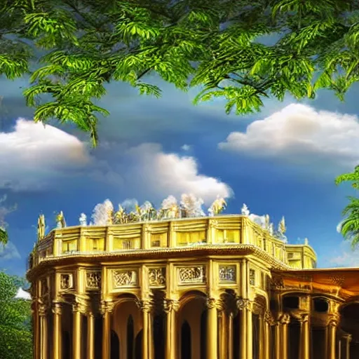 Image similar to a renaissance palace, beautiful tall trees, clouds in the sky, hyperrealistic