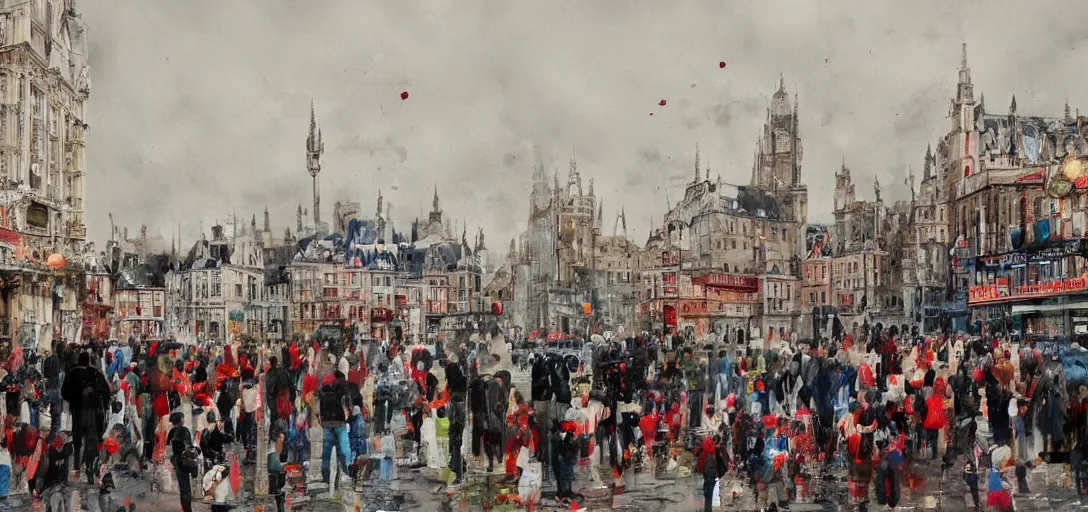 Image similar to A British European City with cars and people roaming inside of the city, certain aspects of the background are lens blurred, splatters of red on the border of the image, some of the people are even painted red, black and white photograph painting, real life, realistic, hyperrealistic, very realistic, photo photograph, photo, photograph, painting, oil painting, ultra realistic, very detailed, extremely detailed, highly detailed, HD Quality, 4k resolution, 8k resolution, trending on artstation, in the style of an Album Cover, cool, epic, nostalgic, intricate details