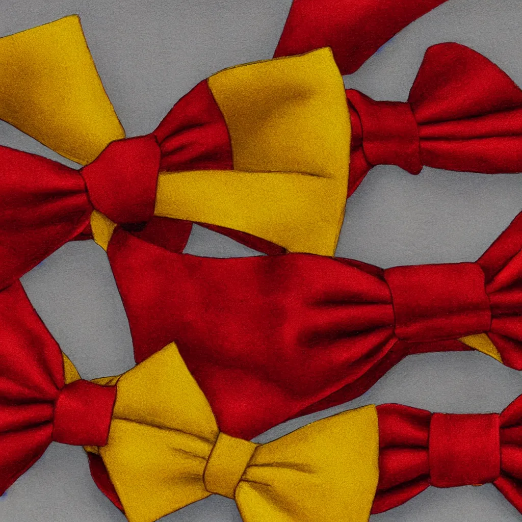 Prompt: close - up view of a red bowtie on yellow background, 8 k, high detail, photorealistic, proper shading