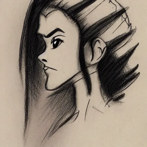 Image similar to milt kahl sketch of princess padme from star wars episode 3 with hair tendrils