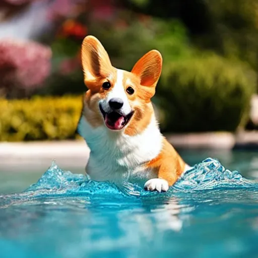 Prompt: corgi swimming in a pool with tiny little pool floaties on his arms, cute, realistic