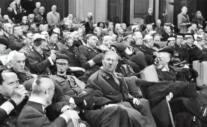 Image similar to 50s movie still of very diverse one general one officers one marshal with very detailed faces in a stalinist parlement, by Alexei Guerman, Cinestill 800t 35mm black and white, heavy grainy picture, very detailed, high quality, 4k, HD criterion, precise texture, diverse faces, diverse haircuts, diverse ages, each faces precisely define