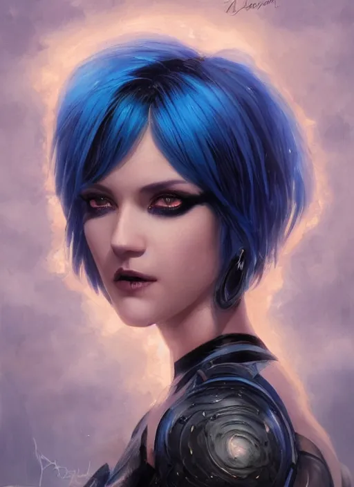 Image similar to girl with black and blue hair, pixie haircut, beautiful highly detailed face, complementary lighting, backlit, black eyeshadow, grinning, adventure, alluring gaze, dramatic lighting, landscape background, beautiful painting by artgerm and greg rutkowski and raymond swanland