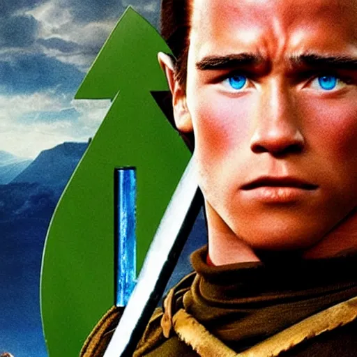 Prompt: cinema poster of a young arnold schwarzenegger holding a sword playing link in the new zelda movie