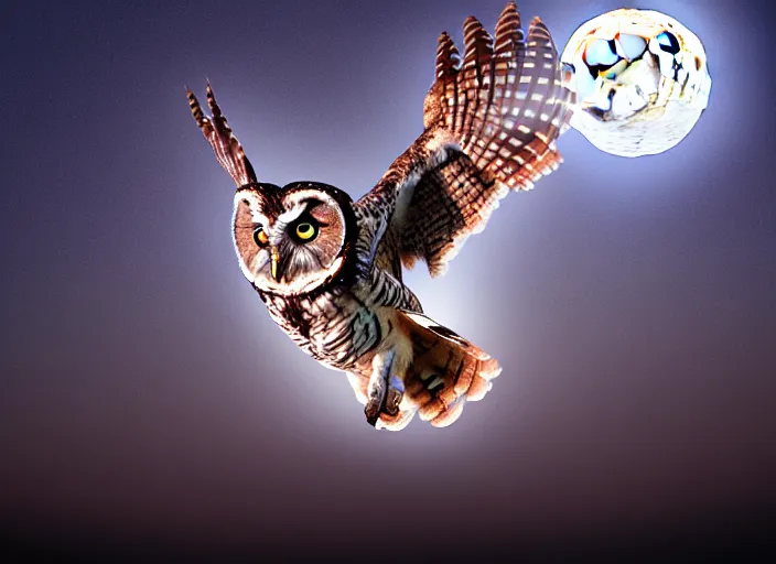 Prompt: an extremely detailed masterpiece photorealistic of a western screech - owl in flight moon in background, in the style of, brian bolland, digital art, unreal engine, volumetric lighting, dark moody lighting, trending on artstation, photorealistic, epic scene