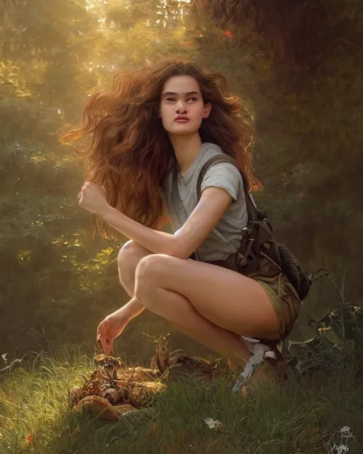 Prompt: weta movie still full body portrait photo of a kneeling 1 7 - year old lily james, with detailed face, wearing shorts and a t - shirt, kneeling on the ground, by donato giancola, weta, wlop, ilya kuvshinov, rossdraws, artgerm, anime, liosh, mucha, bouguereau