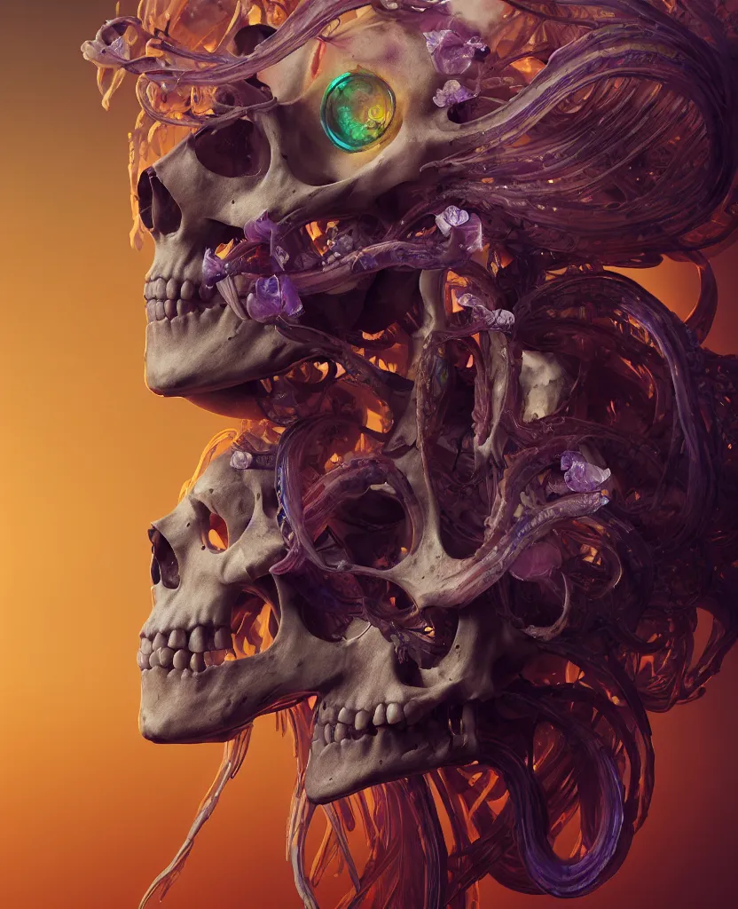 Image similar to goddess close - up portrait human skeleton, ram skull, squid phoenix jellyfish, orchid, betta fish, bioluminiscent, intricate artwork by tooth wu and wlop and beeple. octane render, trending on artstation, greg rutkowski very coherent symmetrical artwork. cinematic, hyper realism, high detail, octane render, 8 k