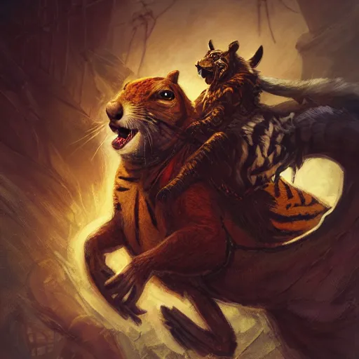 Image similar to Squirrel knight riding tiger, magic the gathering artwork, horror, D&D, fantasy, cinematic lighting, centered, symmetrical, highly detailed, digital painting, artstation, concept art, smooth, sharp focus, illustration, volumetric lighting, epic Composition, 8k, art by Akihiko Yoshida and Greg Rutkowski and Craig Mullins, oil painting, cgsociety