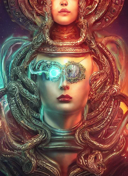 Prompt: ultradetailed ornate sci-fi RPG illustration of a beautiful symmetric Medusa radiating a glowing aura wearing a cyberpunk armor with decorum, digital airbrush painting, 3d rim light, hyperrealistic masterpiece, artstation, cgsociety, kodakchrome