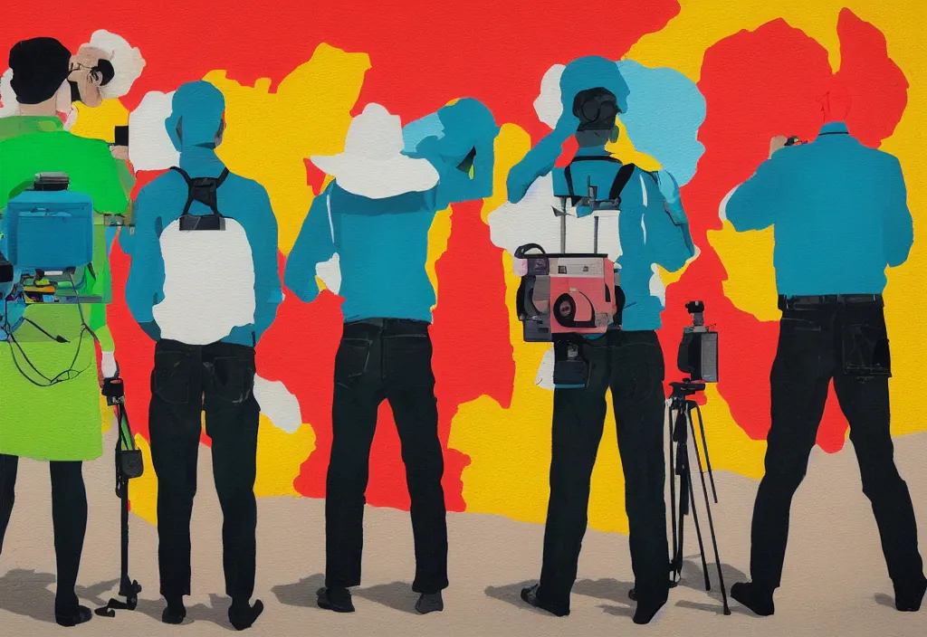 Image similar to full body portrait of a trio of european tourists with nikon cameras, rear views, character designs painting, in the style of wes anderson, rene magritte, lola dupre, david hockney, isolated on white background, dark monochrome neon spraypaint accents volumetric octane render