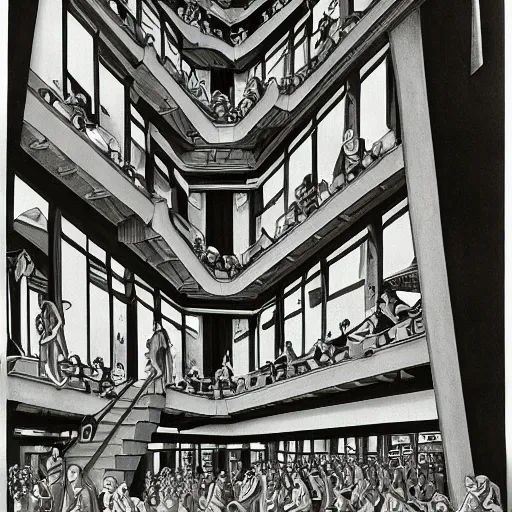 Image similar to a m. c. escher style drawing of a nightclub filled with people