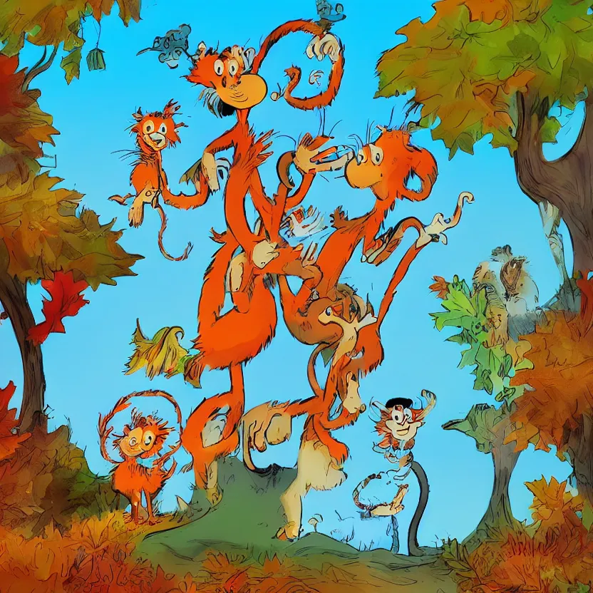 Image similar to last saturday I took my mommy and my daddy to the zoo, by Dr. Seuss and Don Freeman, illustration, warm colors, autumn, artstation