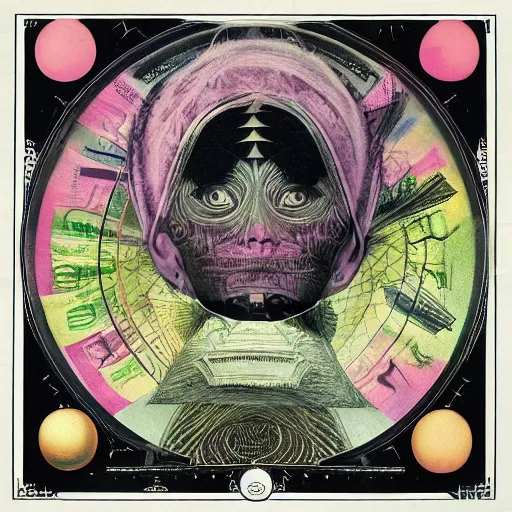 Image similar to post - punk new age album cover, asymmetrical design, in a round frame, dollar bank notes, capitalism, magic, apocalypse, psychedelic, black white pink, magic, giger h. r., giuseppe arcimboldo