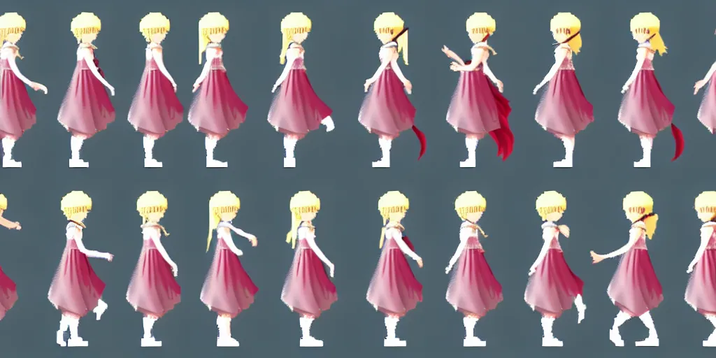 Image similar to walking animation sprite sheet of a girl in a renaissance dress, walking to the right, each sprite is a different frame of the animation, in the style of final fantasy games, side view of her taking steps, accurate walk cycle, walk cycle, walk cycle