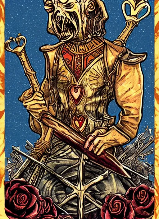 Image similar to tarot card :: horror :: hearts and roses :: gold and silver :: guns and swords :: by deiv calviz and bossmonsterbani