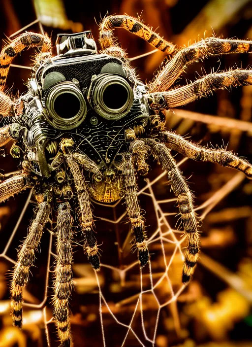 Prompt: macro photo of an intricate biomechanical spider, on the background of a weird magical mechanical forest. Round gears visible inside her hear. Very detailed 8k. Fantasy cyberpunk horror. Sharp. Cinematic post-processing