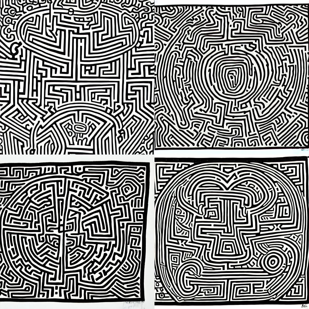 Prompt: labyrinth zentangle, keith haring