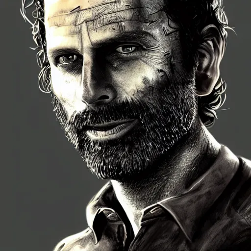 Image similar to rick grimes from the walking dead, zombie, full body shot, fantasy, medieval, vivid colors, elegant, concept art, sharp focus, beautiful face, digital art, Hyper-realistic, 4K, Unreal Engine, Highly Detailed, HD, Dramatic Lighting by Brom, trending on Artstation