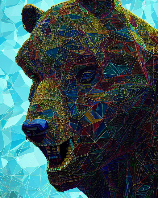 Prompt: highly detailed vfx portrait of bear, geometric polygons, global illumination, detailed and intricate environment by james jean, liam brazier, victo ngai and tristan eaton