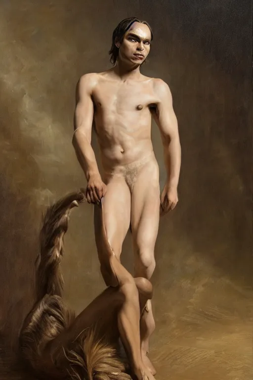 Prompt: Frank Dillane as a satyr, full body, very accurate, normal forehead, oil on canvas, intricate, portrait, 8k, highly professionally detailed, HDR, CGsociety