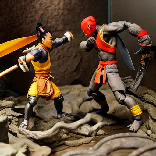 Image similar to photo of figma figures inside a diorama, depicting the cute chibi fighters of mortal kombat brutally fighting each other inside a shaolin temple above a spike - pit.