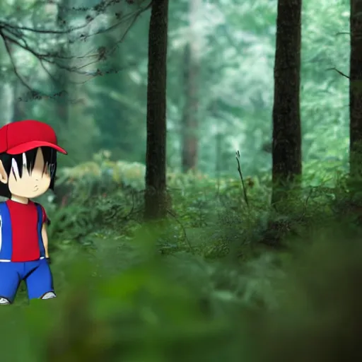 Image similar to realistic photo of ash ketchum in a forest, well lit, real, photogenic, detailed, 8 k, global illumination