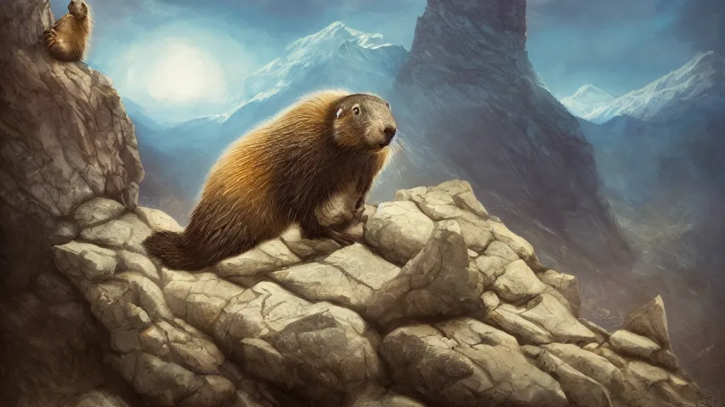 Image similar to A marmot protecting a stone on top of the Rocky Mountains, dreamscape, dramatic lighting, fantasy art illustration, trending on artstation, Aetherpunk