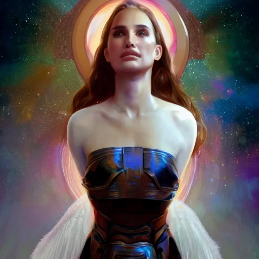 Prompt: cosmic portrait of natalie portman as a holy knight angel, au naturel, hyper detailed, digital art, trending in artstation, cinematic lighting, studio quality, smooth render, unreal engine 5 rendered, octane rendered, art style by klimt and nixeu and ian sprigger and wlop and krenz cushart.