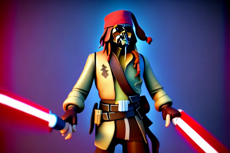 Image similar to jack sparrow, screenshot in a typical disney infinity 3 star wars style, artstation, volumetric lighting, subsurface scattering, stylized, octane render, by josh black