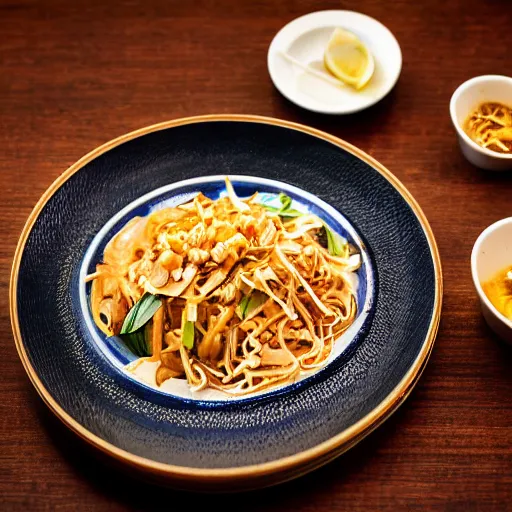 Prompt: 85mm photograph of the most delicious plate of Pad Thai by a Michelin star chef, delicate, on a wooden table in a high-end Asian restaurant setting, food photography