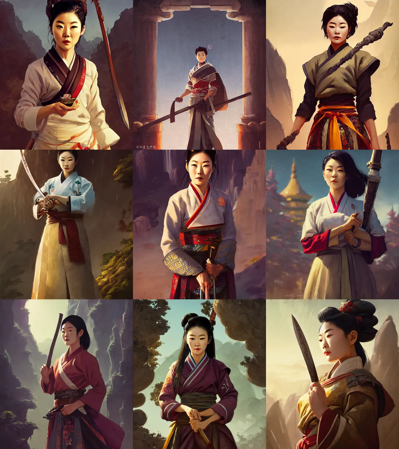 Prompt: a portrait of arden cho chef character in a scenic korean city environment by marco bucci and greg rutkowski and frank frazetta, sharp focus, detailed, cinematic, hanbok, holding ornate korean sword