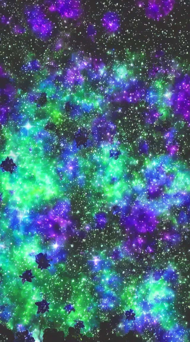 Image similar to garden of stars, purple flowers, blue flowers, lights, nebula, astral, hyper detailed, hyper realistic