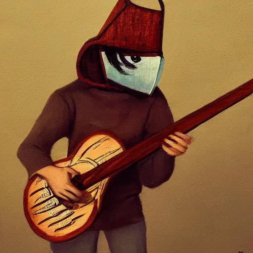 Image similar to a person with a mask playing a guitar, an ultrafine detailed painting by aleksander orłowski, artstation contest winner, sots art, concept art, da vinci, sketchfab