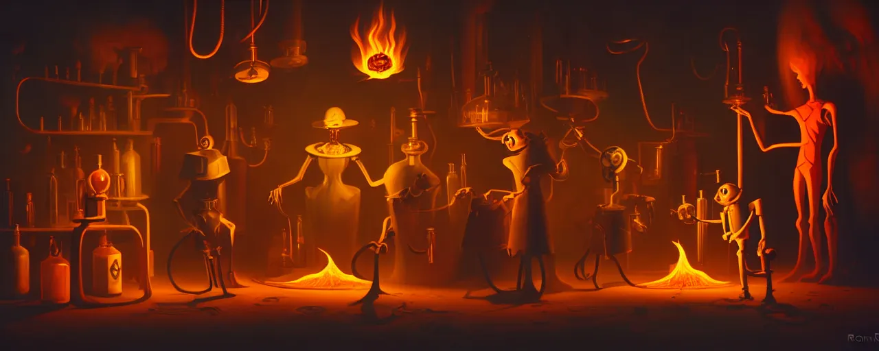 Image similar to uncanny alchemist monsters in a fiery alchemical lab, dramatic lighting, surreal 1 9 3 0 s fleischer cartoon characters, shallow dof, surreal painting by ronny khalil