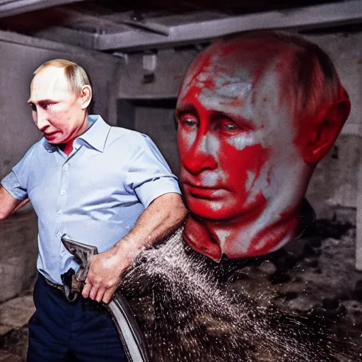 Image similar to putin with a chainsaw and a corpse. in a concrete bunker. focus on putins face with blood splatters. canon eos r 3, f / 1. 4, iso 1 6 0 0, 1 / 8 0 s, 8 k, raw, grainy