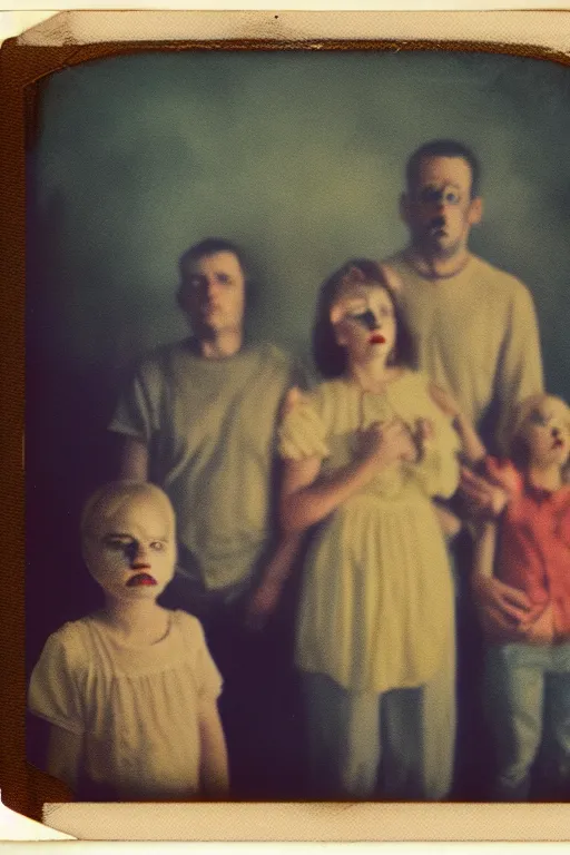 Image similar to an unsettling colored family photograph shot on polaroid, anxious people standing in a large haunted house, phantom ghosts in the background, cinematic, horror, photorealistic, vintage, artstation, painterly, expressive