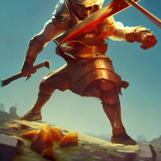 Image similar to battle toast, a slice of toasted bread with a face, arms and legs, holding a sword and shield, volumetric lighting, dynamic composition, fantasy, hyper detailed, ultra realistic, sharp focus, octane render, concept art by sachin teng and sergey kolesov and ruan jia and heng z