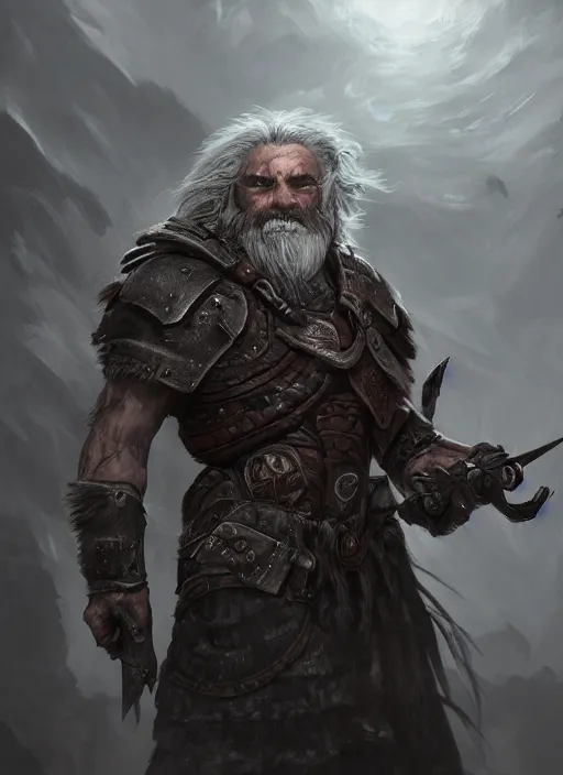 Image similar to A fantasy comic book style portrait painting of a gray dwarf with white eyes as a warrior in a atmospheric dark fortress, unreal 5, DAZ, hyperrealistic, octane render, RPG portrait, ambient light, dynamic lighting