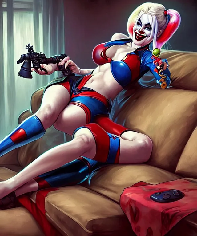 Image similar to tasteful Caricature of the beautiful Harley Quinn, playing video games on a couch, Harley Quinn is winning and laughing manically, fun, funny, highly detailed, digital painting, artstation, concept art, smooth, sharp focus, illustration, art by artgerm and greg rutkowski and alphonse mucha