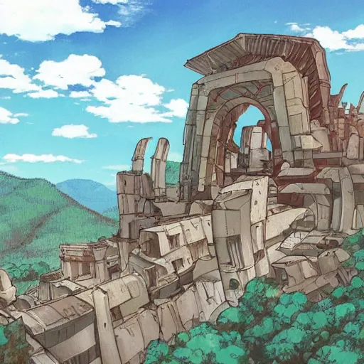 Image similar to futuristic ruins on a mountainside, colorful ruins, mega ruins, clouds on mountain, ruined buildings on mountainside, cel - shading, cel - shaded, 2 0 0 1 anime, bright sunshine