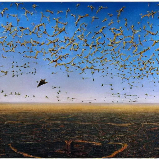 Image similar to an endless city. birds fly overhead. murmuration, it goes in forever, dreamscape masterpiece. salvador dali, highly detailed. barlowe. 8 k.