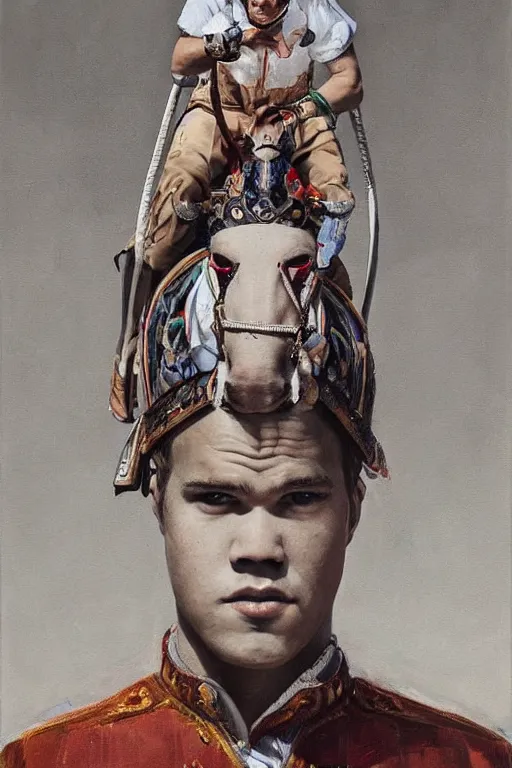 Image similar to a painting of magnus carlsen as king of chess sitting on a horse over a chess board, a surrealist painting by james jean, trending on cgsociety, pop surrealism, androgynous, grotesque, angular