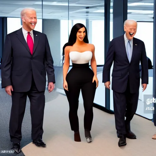 Image similar to stock photo of kim kardashian, joe biden, and bill gates wearing suits and ties laughing in an office building, 8k resolution, full HD, cinematic lighting, award winning, anatomically correct